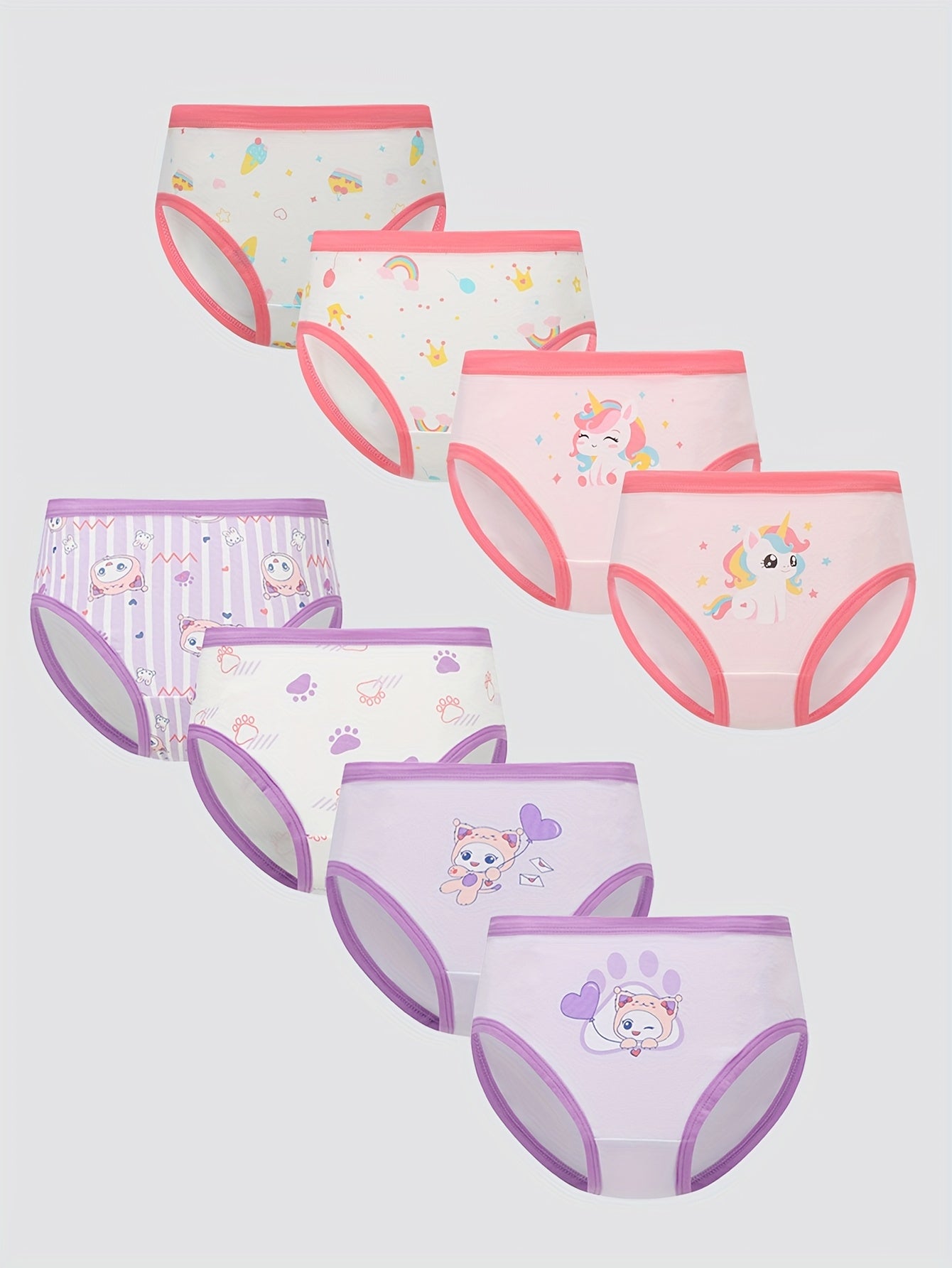 Set of 8 Girls' Underwear, Soft And Breathable, Featuring Adorable Cartoon Designs