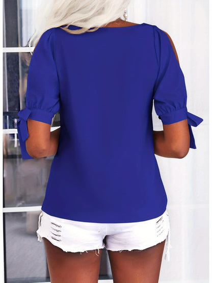Women's Cold Shoulder Tops Short Sleeve V-Neck Casual Loose Cutout Summer Fashion Tshirts Blouse Shirts