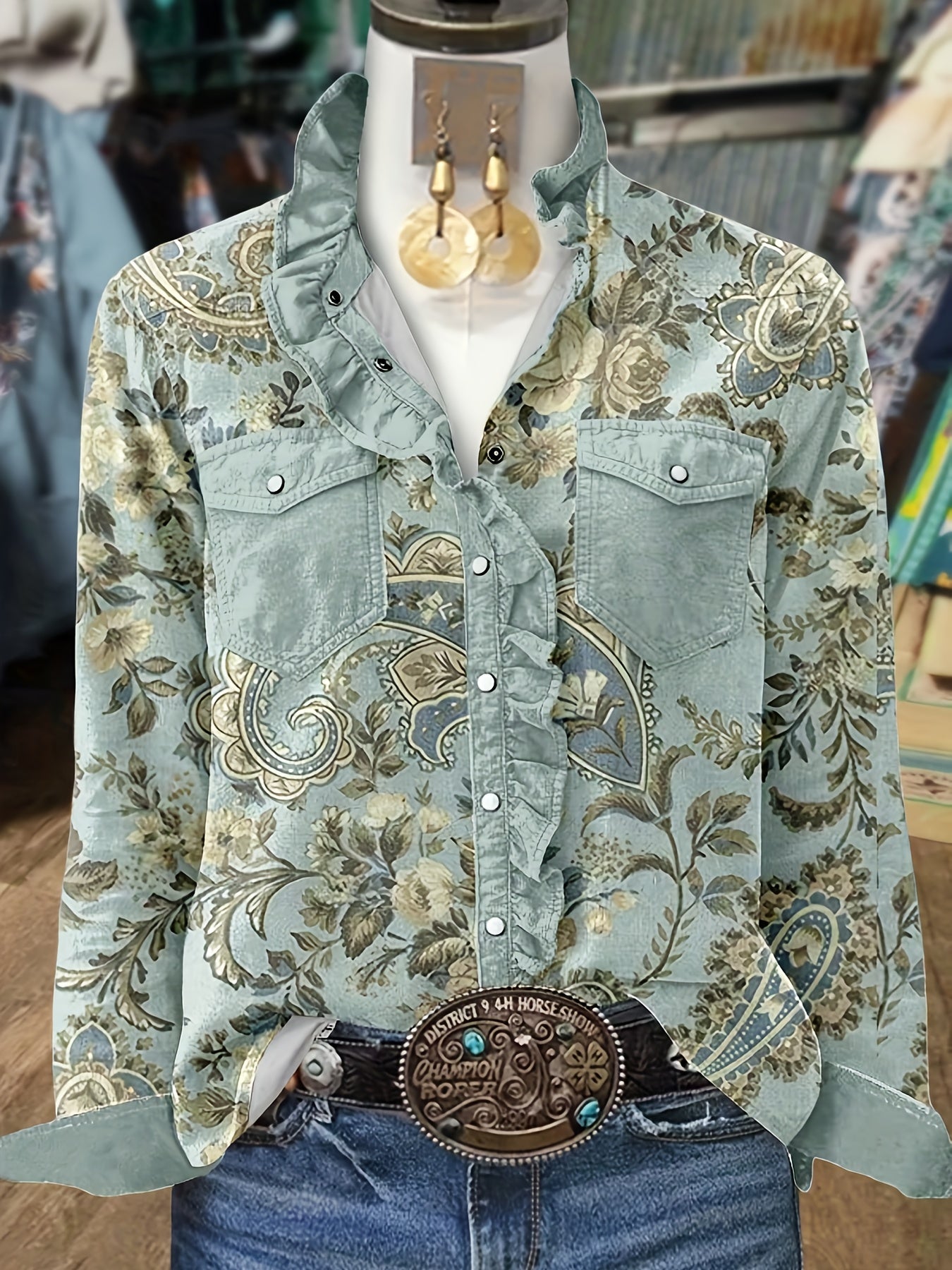 Women's Vintage Paley Pattern Long Sleeve Shirt - Paneled Ruffle Collar Shirt
