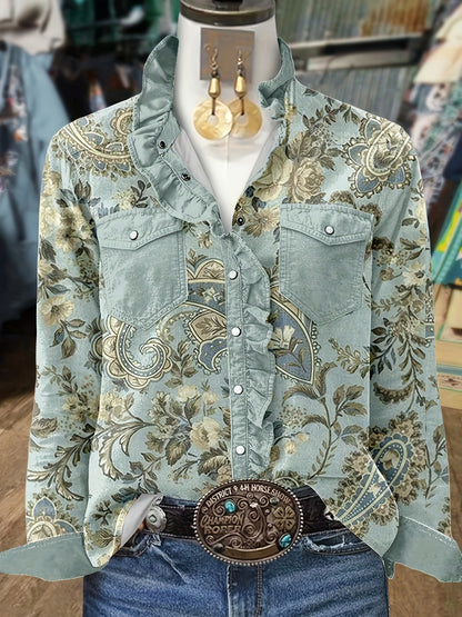Women's Vintage Paley Pattern Long Sleeve Shirt - Paneled Ruffle Collar Shirt