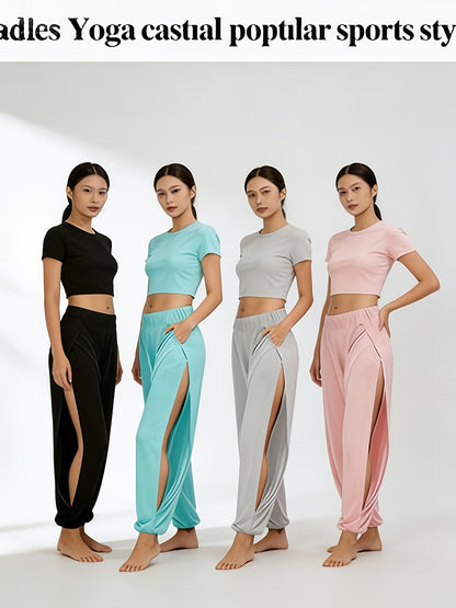 4pcs Women'S Autumn Clothing, Women'S Halloween Costumes, High-Waisted Harem Pants with Thigh Slits - Black Loose Casual Lantern Pants, Breathable, Suitable for Spring/Summer/Autumn, Casual Pants
