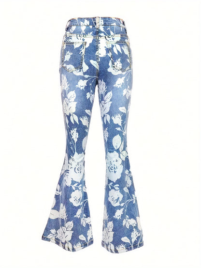 High-Waisted Elastic Printed Wide-Leg Retro Flared Pants for Women, Versatile And Stylish Jeans for Everyday Wear