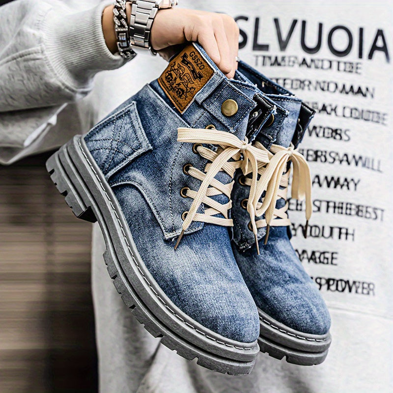 Retro-Style High-Top Sneakers - Casual Canvas Boots Featuring Lace-Up Design, Round Toe, And Beige Laces, Comfortable for All Seasons for Outdoor And Everyday Use, Outdoor Shoes | Retro Sneakers | Sturdy Footwear