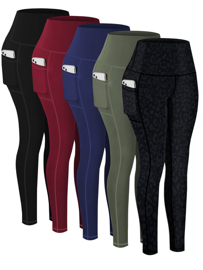2026 5-Pack Plus Size Sports Leggings For Women, High-Waisted Cropped Yoga Pants With Pockets, Fitness Running Compression Tights, Game Day Fan Gear for Football and All Fans