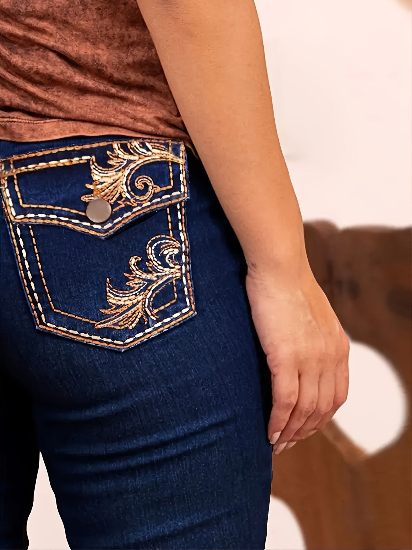Women's Embroidered Bell-Bottom Stretch Mid to High Waist Blue Jeans