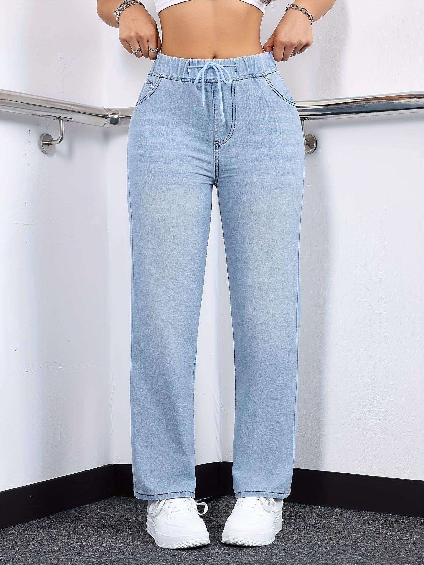 [Drawstring Waist Jeans] Plus Size Women's Drawstring Waist Straight Leg Jeans | High Waist Stretchy Washed Denim | Casual Trendy Comfy Jeans for Daily Wear | Flattering Fit