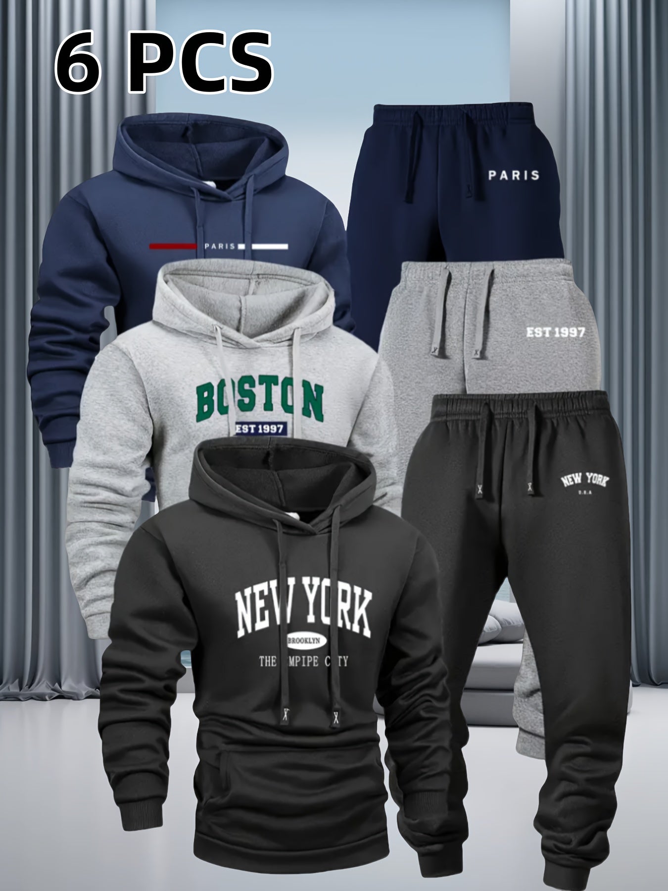 6pcs Men'S Spring And Autumn Solid Color Casual Set, Long Sleeved Hooded Sweatshirt And Drawstring Pants, Outdoor Sports Casual Set