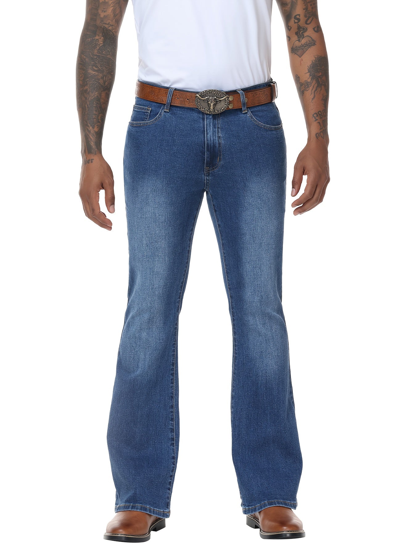 Men's Vintage 70s Retro Bell Bottom Jeans - Wide- Flare Pants with Mid-Stretch Blend, Beltless Suitable for Disco Parties, Night Out & Casual Attire, Machine Washable Mid-Rise Bottoms