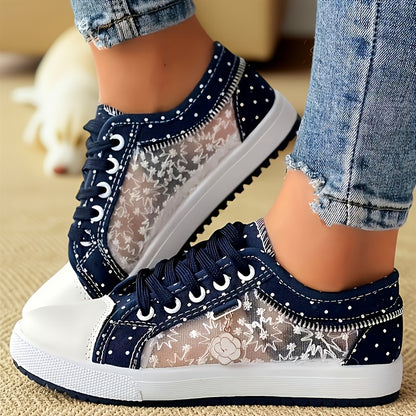 Breathable Mesh Women's Flats - Casual Low-Top Sneakers with Floral Design, Plus Size Available