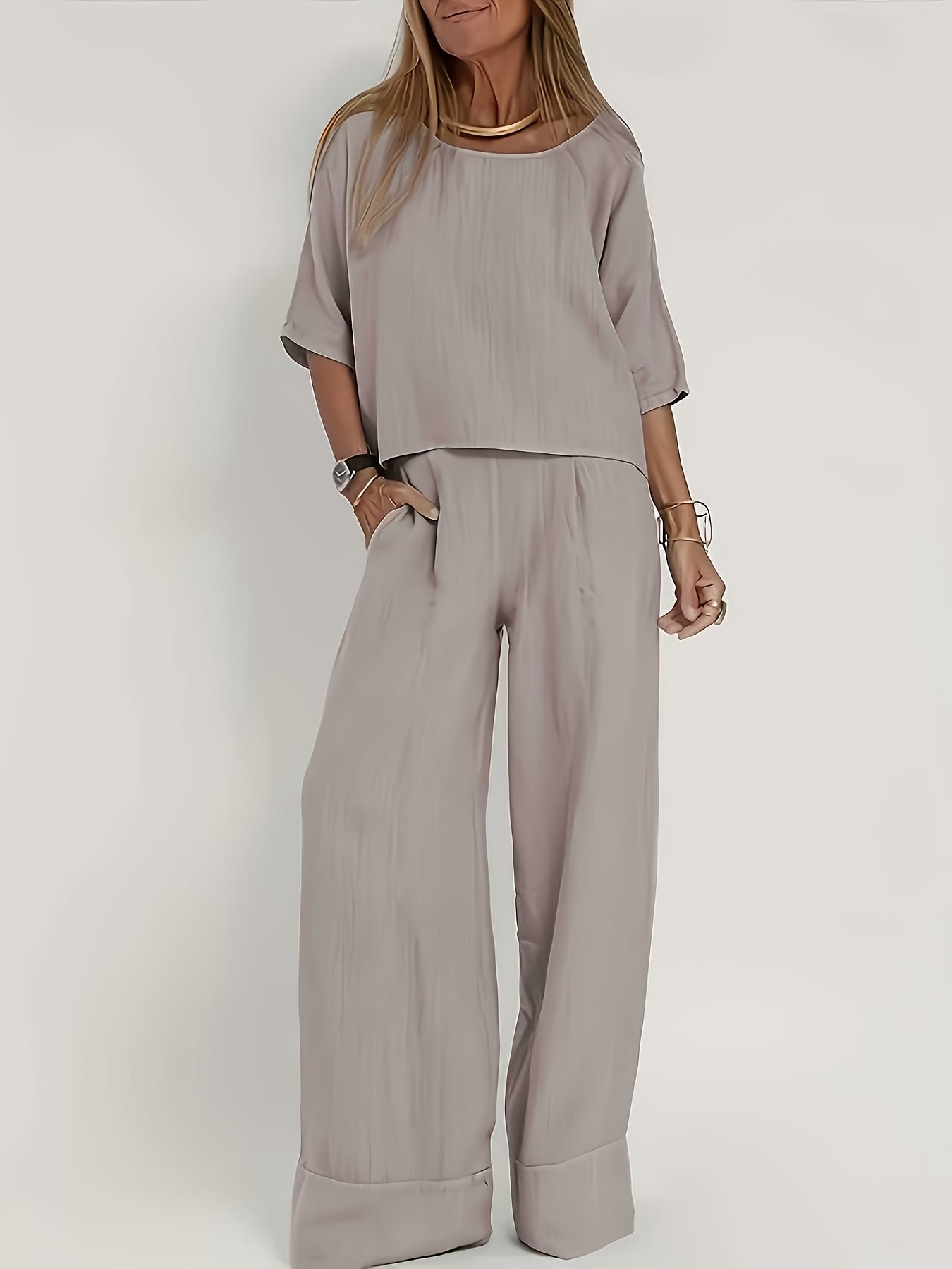 Elegant Two-Piece Set Short Sleeve High-Waisted Pants Suit