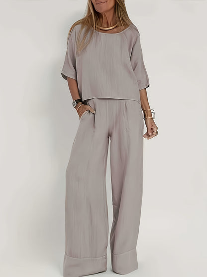 Elegant Two-Piece Set Short Sleeve High-Waisted Pants Suit