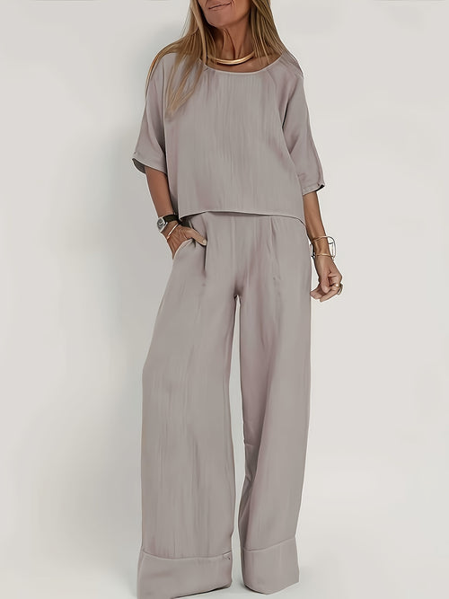 Elegant Two-Piece Set Short Sleeve High-Waisted Pants Suit
