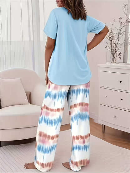 Smiling-printed Round-necked Short-sleeved Top + Gradient-colored, Loose-fit Straight-leg Pants Set