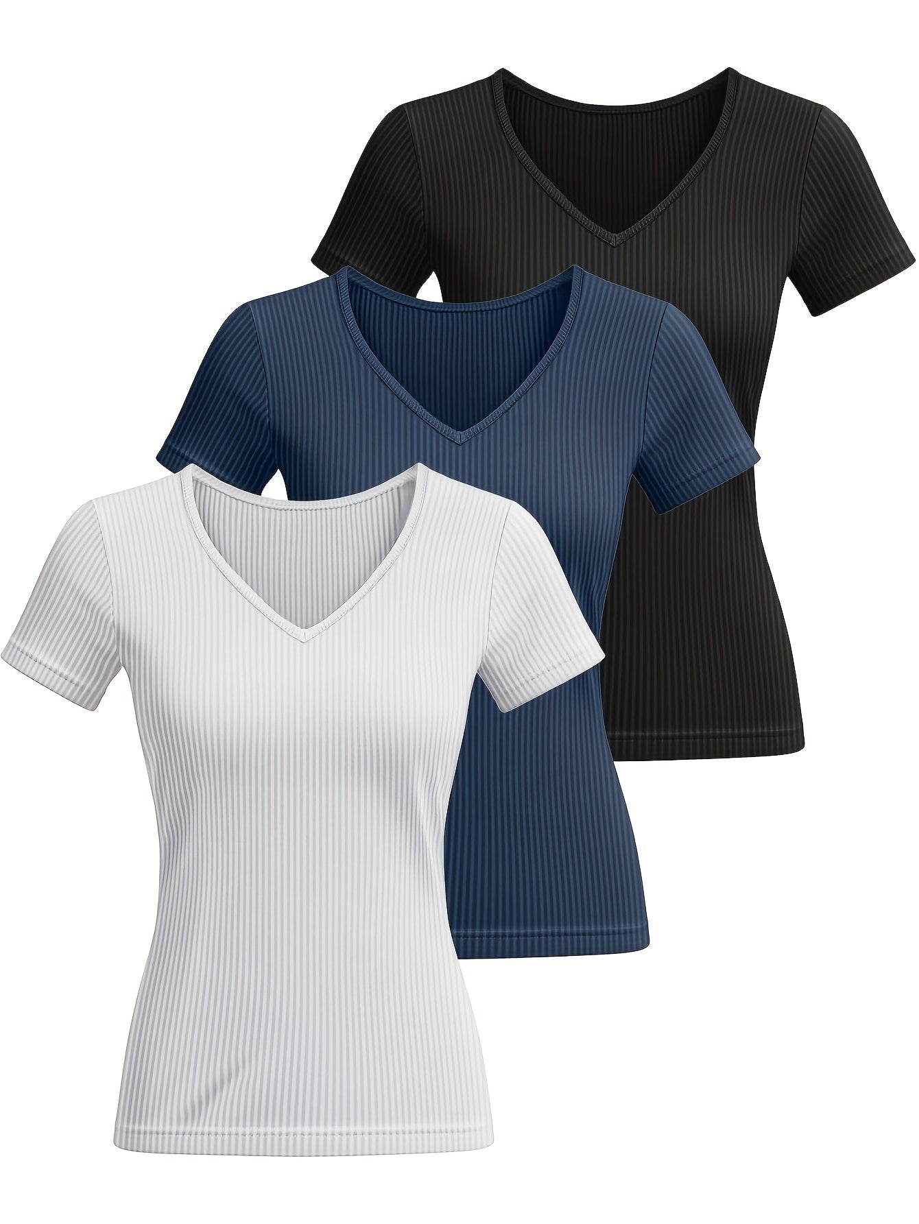 3pcs Women's Short-Sleeve Shirts - V-Neck Slim Fit Solid Color Blouses, Basic Casual & Dressy, Machine Washable - Layering Pieces for, Semi-Formal & Casual Attire - 3pcs