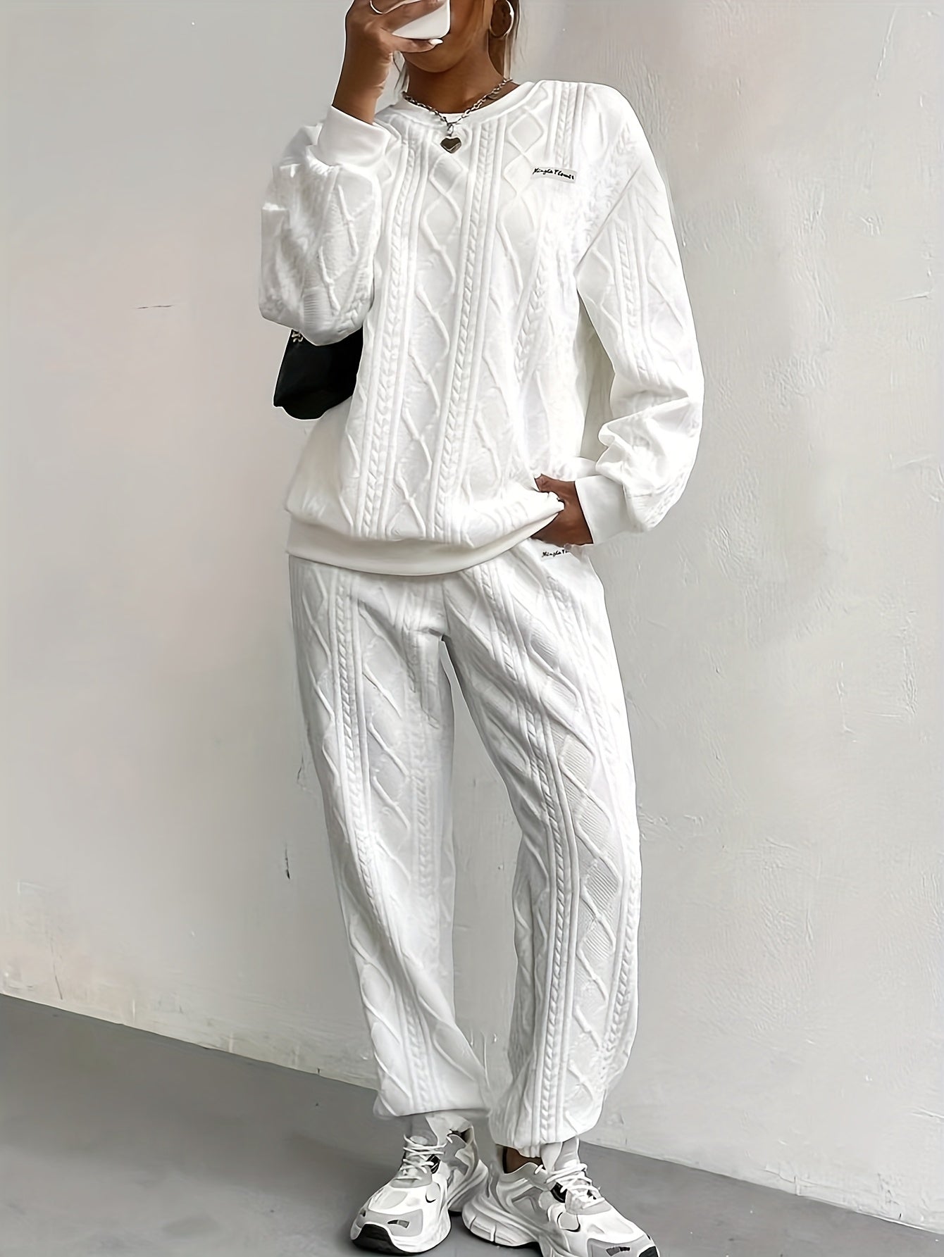 Women's Casual 2pcs Pullover Set - Consists Of A Textured Solid Color Jacquard Long-sleeve Crewneck Top And Sweatpants, High-quality Fabric, Women's Suit, Women's Summer Clothing, Sweatsuits Women 2pcs Women Clothing