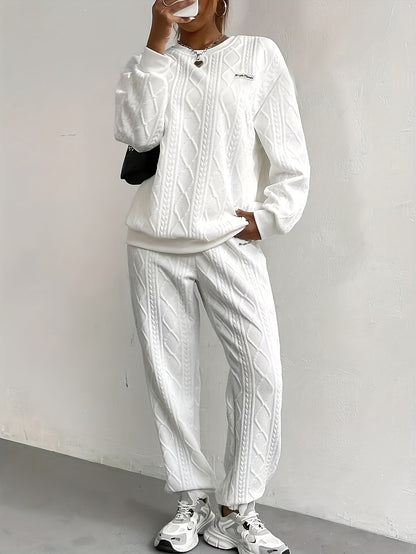 Women's Casual 2pcs Pullover Set - Consists Of A Textured Solid Color Jacquard Long-sleeve Crewneck Top And Sweatpants, High-quality Fabric, Women's Suit, Women's Summer Clothing, Sweatsuits Women 2pcs Women Clothing