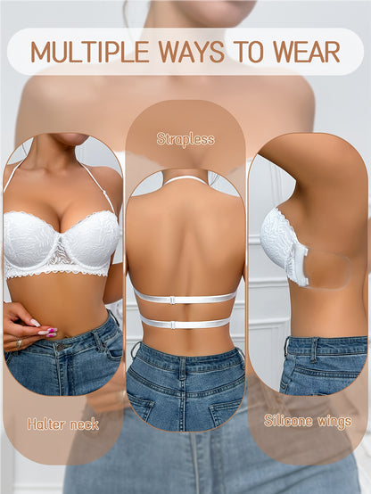 Summer Women's Sexy Lace Half-Cup Shoulderless Bra - Back Support, Back Cross Straps Create Beautiful Back Lines, Silicone Invisible Bra, Non-detachable Cups - Shipped From Local Warehouse