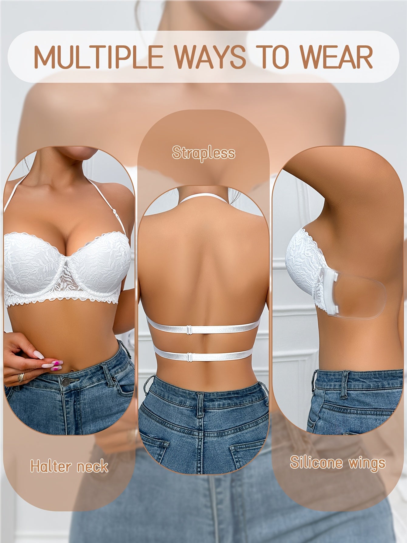 Summer Women's Sexy Lace Half-Cup Shoulderless Bra - Back Support, Back Cross Straps Create Beautiful Back Lines, Silicone Invisible Bra, Non-detachable Cups - Shipped From Local Warehouse