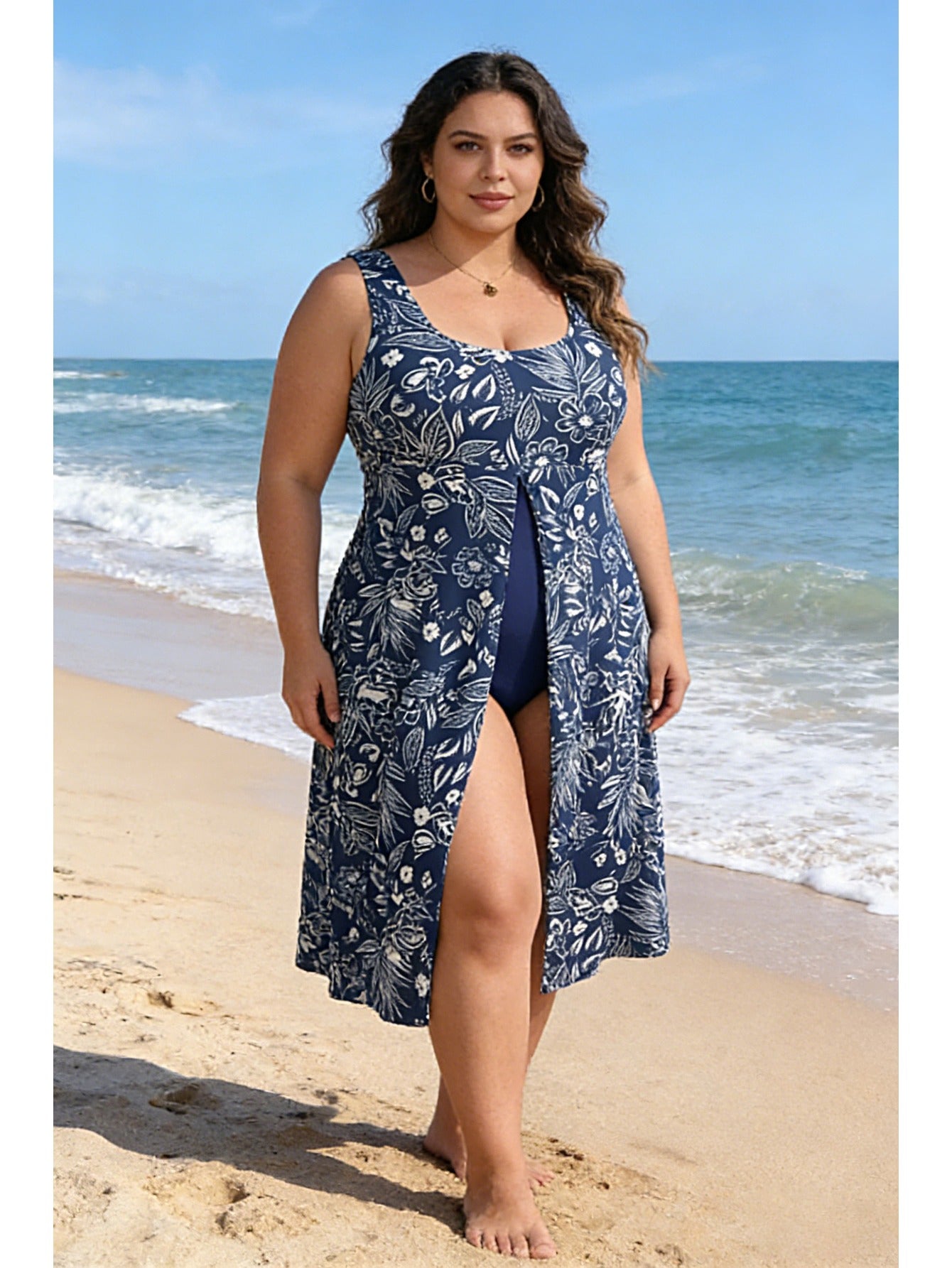 Women'S Large-Size Sleeveless Fitted Halter Dress with Tankini, Blue And White Floral Print Swimsuit, Enhances Figure, Beach Pool Vacation Swimsuit (With Underwear)