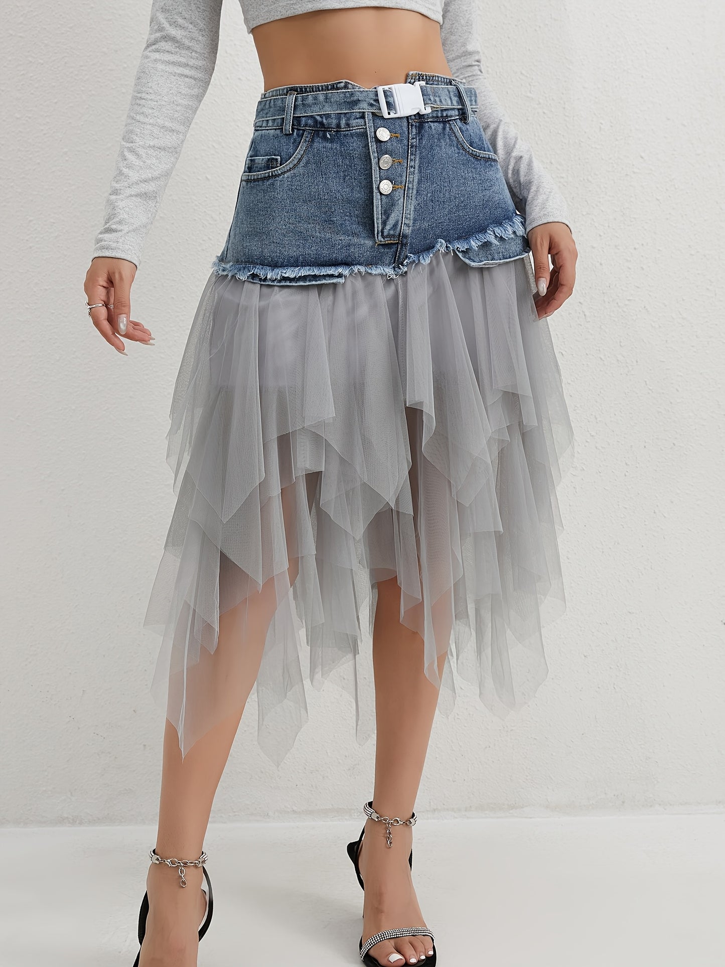 A Midi Skirt for Spring, Summer, And Autumn, Combining Denim And Tulle with a Trendy Raw-Edge Hem
