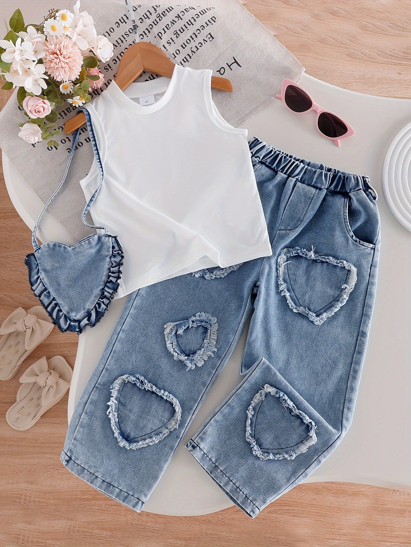 Young Girls 2PCS Summer And Autumn Outfit – Sleeveless White Tank Top & Heart Fringe Patch Washed Denim Pants Set, Cute Casual Clothes, Girl clothes 7 8 years, y2k kids clothes