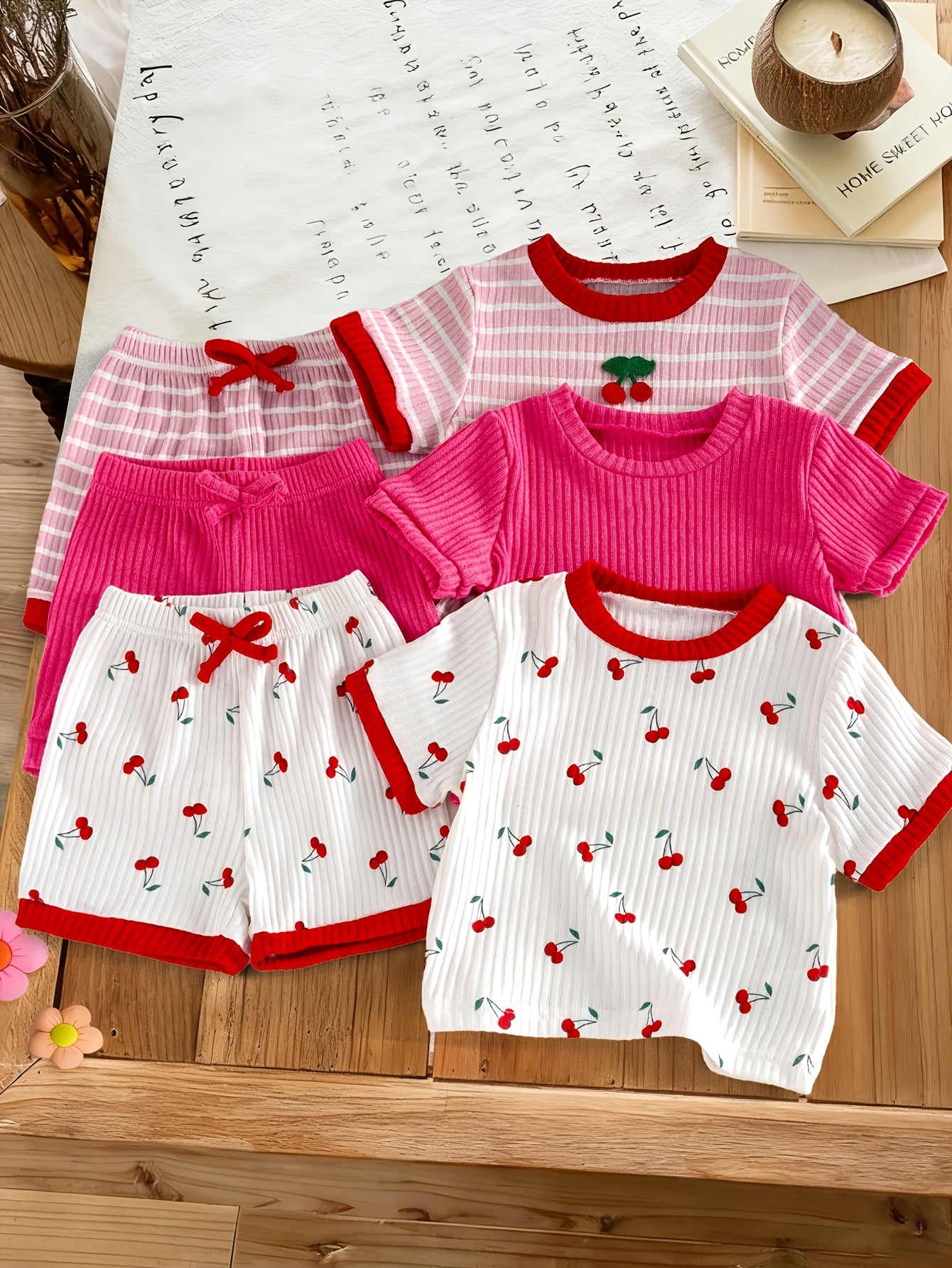 6pcs Set Of Girls' Summer New Cherry Fruit Pattern Short-sleeve And Shorts Comfortable Outfit, Perfect for Outdoor