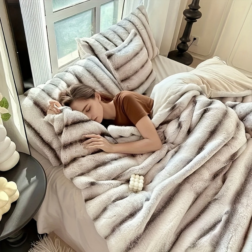 Faux Rabbit Fur Throw Blanket - Striped Double-Sided Flannel Back