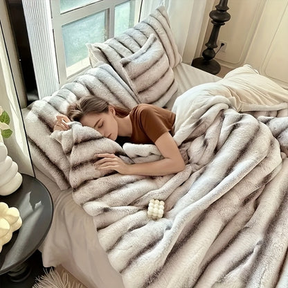 Faux Rabbit Fur Throw Blanket - Striped Double-Sided Flannel Back