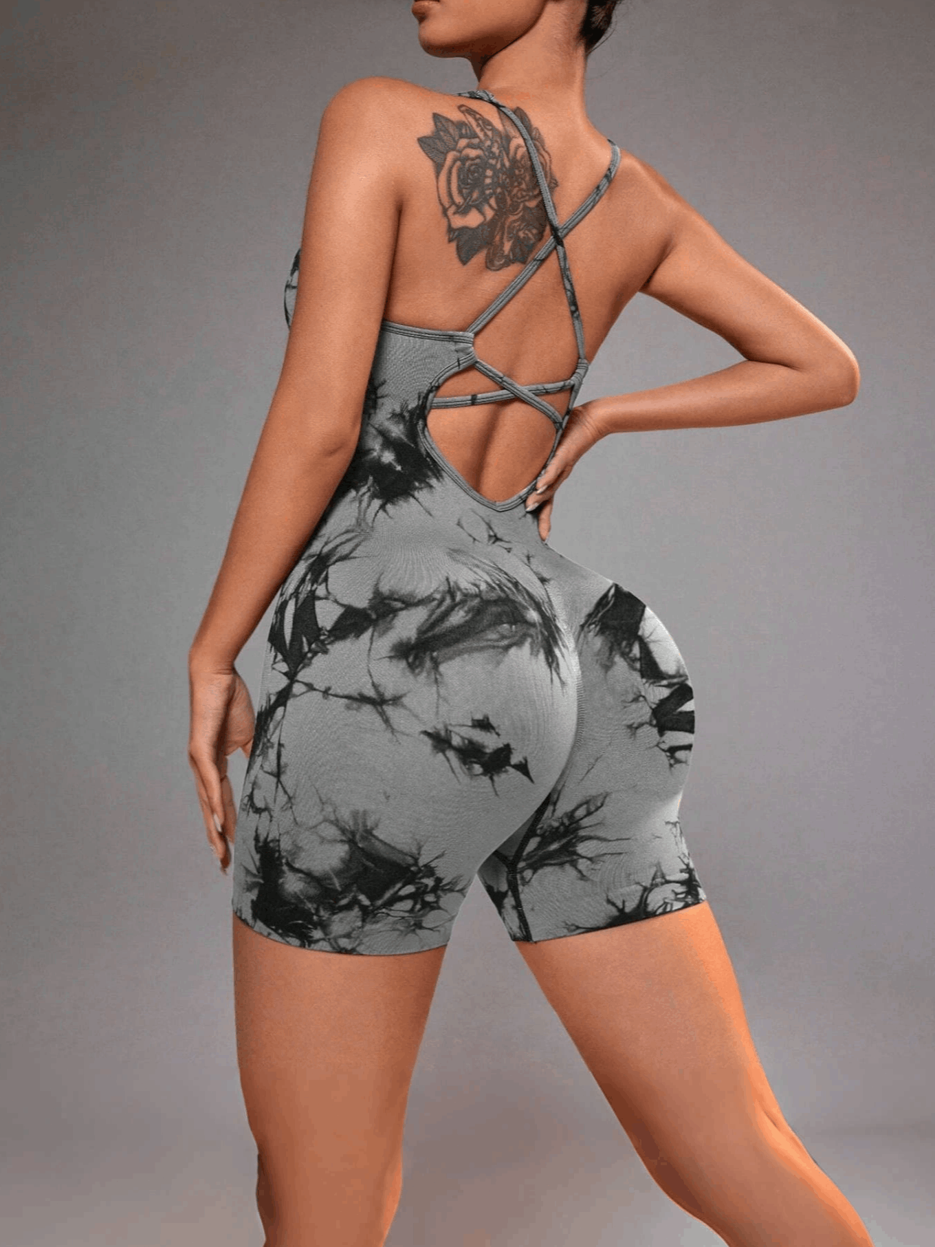 Stretchy Seamless Women's Tie-Dye Crisscross Backless Yoga Bodysuit, Athletic Sports Padded Romper Jumpsuit, Butt Lifting Fitness Shorts Workout Clothing for Gym Running Biking Outdoor Tennis, Womens Summer Clothing Fitness Wear Daily Wear Activewear, Bir