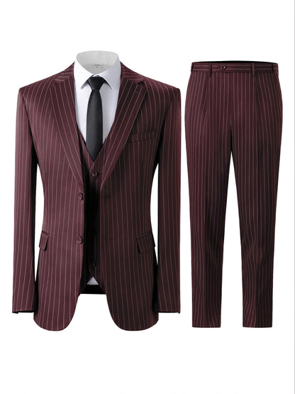 [New Men's 3pcs Suits] 3pcs New Men's Suits - Vertical Striped Suit Jackets, Vests, Pants - Two-button, Suitable for Weddings, Business Banquets, Parties, Daily Wear Valentines Gifts for Men