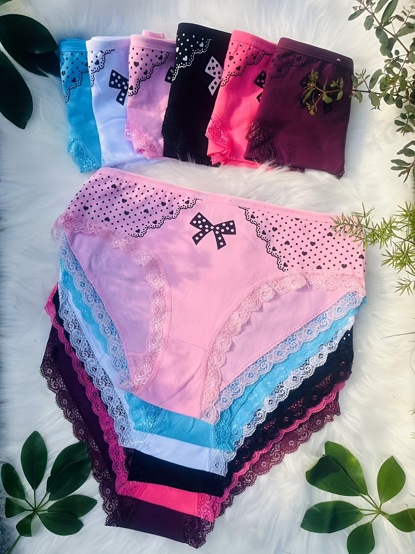 12pcs Elegant Contrast Lace Briefs | Plus Size with Bow and Heart Print, Comfortable & Breathable Stretchy Women'S Lingerie & Underwear