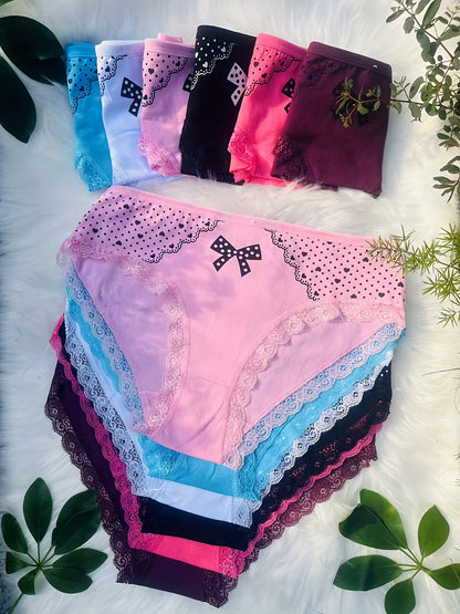 12pcs Elegant Contrast Lace Briefs | Plus Size with Bow and Heart Print, Comfortable & Breathable Stretchy Women'S Lingerie & Underwear