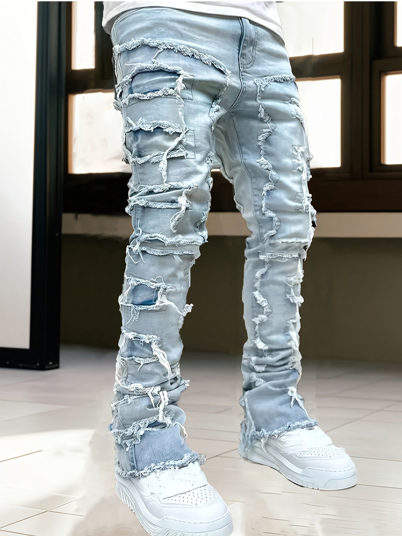 [HME] Men's Fashion Trendy Brand Jeans, Three-dimensional Cut And Creative Tassel Details, Street Hip-hop Style, Fringed Hem Design, Mid-waist Elastic Slim Flared Pants, Casual And Versatile Trendy Men's Plus-size Denim Trousers, PLUS SIZE