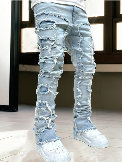 [HME] Men's Fashion Trendy Brand Jeans, Three-dimensional Cut And Creative Tassel Details, Street Hip-hop Style, Fringed Hem Design, Mid-waist Elastic Slim Flared Pants, Casual And Versatile Trendy Men's Plus-size Denim Trousers, PLUS SIZE