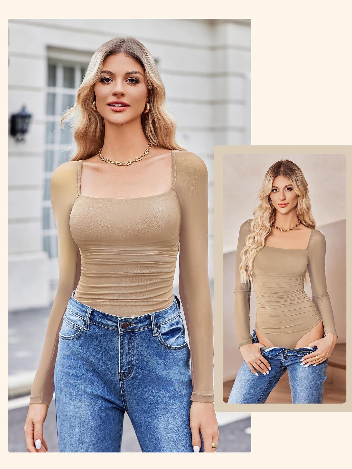 Women'S Square Neck Mesh Long Sleeve Bodysuit Shirts Ruched Body Suit Sexy Sheer Tops Date Night Outfit