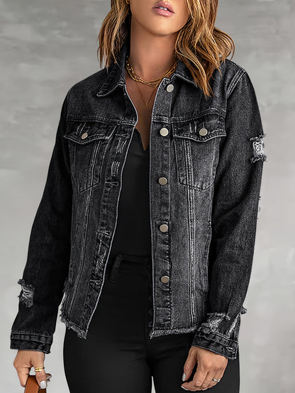Washed Out Women's Denim Jacket with Pockets; Boyfriend Style; Distressed Look.
