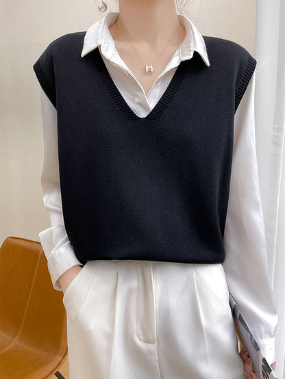 Cozy Womens Solid Knitted Sweater Vest - Soft V Neck Sleeveless Top For Chic Fall & Winter Layering - Versatile Casual Style