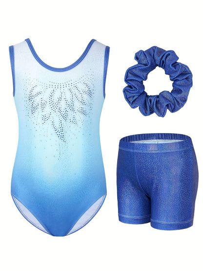 Set of 3 Girls' Leotards Featuring Shorts And a Hairband, Designed with a Gradient Contrast, Diamond Decorations, And Sleeveless Style, Perfect for Ballet Dance Performances