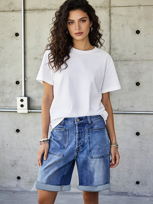 Women's Blue Bermuda Elastic Cargo Jeans Shorts | High Waist, Multiple Pockets, Straight Leg, Medium Stretch Fabric for Spring/Summer