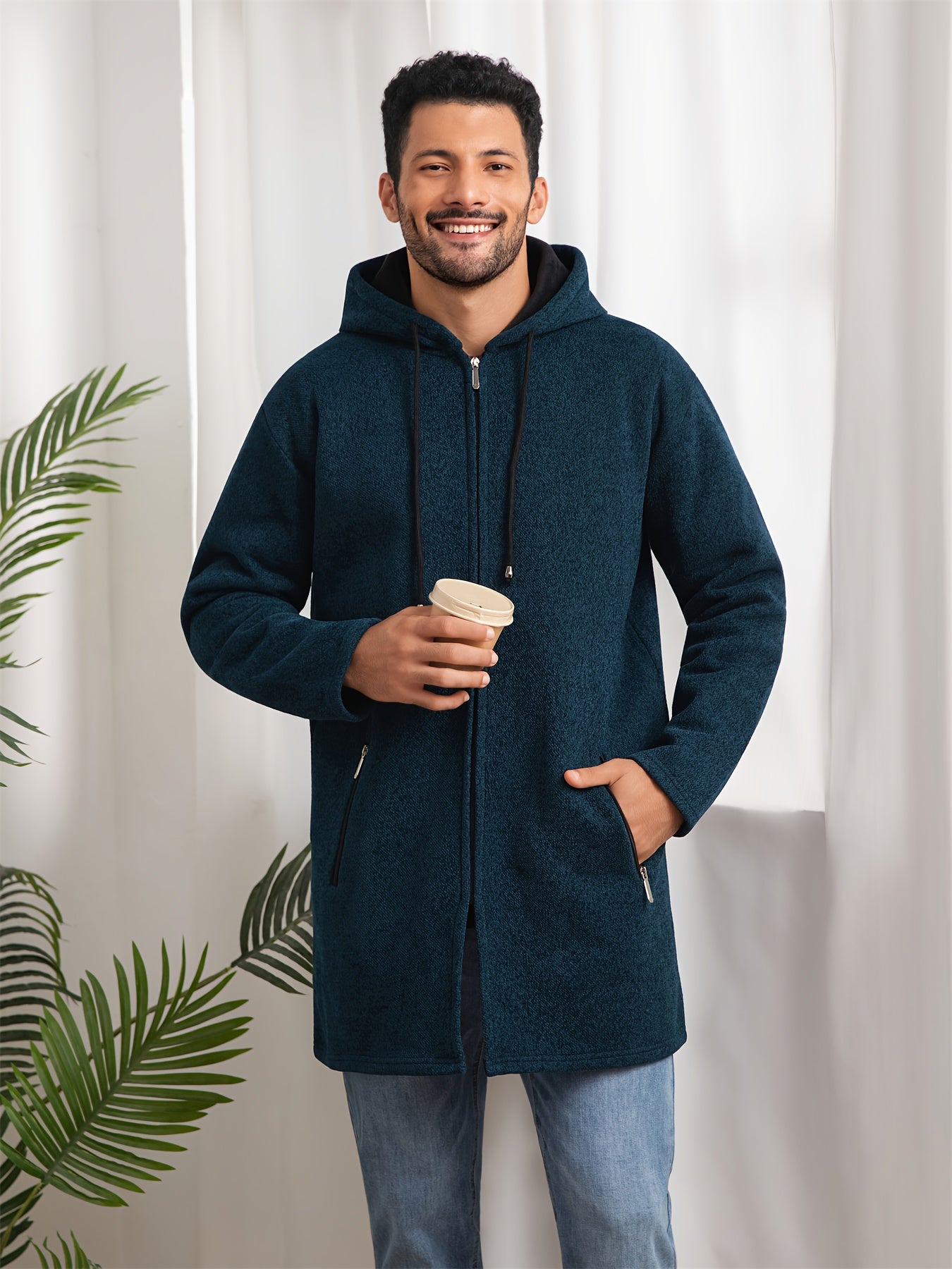 Men's Casual Hoodie, Hooded Mid Length Coat, Lined Zip Up Hoodie, Stylish Slim Fit Hoodie with Pockets, Suitable for Daily Wear, Outdoor Activities And Street