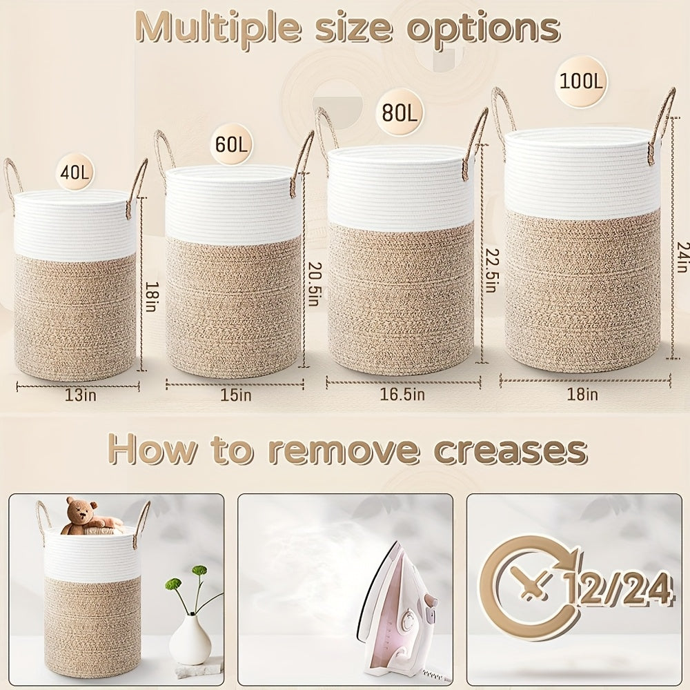 Collapsible Laundry Basket, Woven Rope Laundry Hamper, 12.15gal/15.85gal/ 21.13gal/26.42gal Laundry Bag For Decor Storage Of Dirty Clothes, And Blankets In Bathroom, Room And Living Room