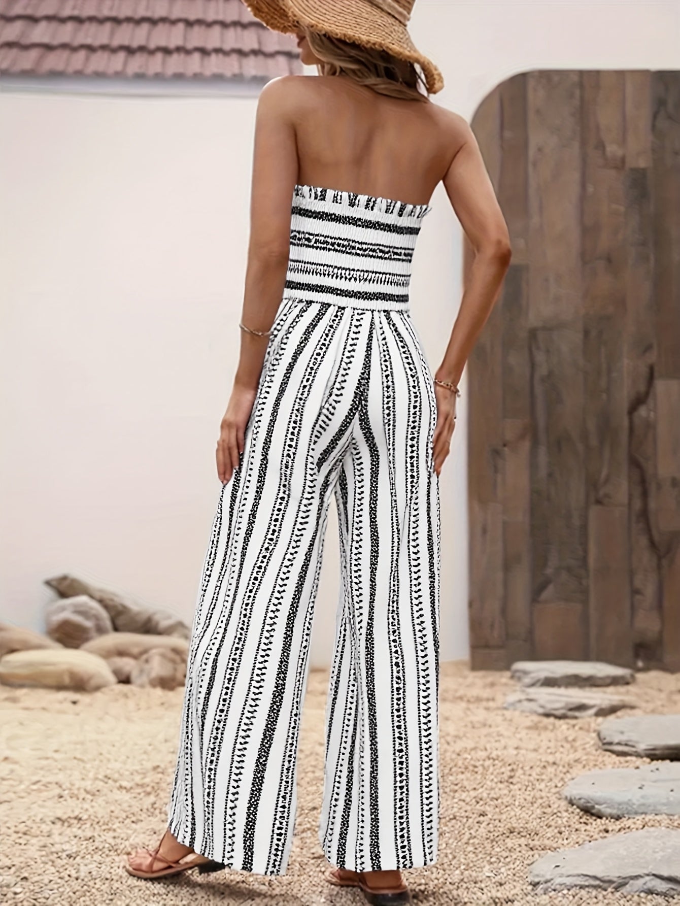 Elegant Black And White Printed Jumpsuits, Fashionable Striped Prints, Lapel Design, Off-The-Shoulder, Strapless, Perfect for Summer, Shopping, And Leisure Vacations, Floral Print Jumpsuit | Fabric