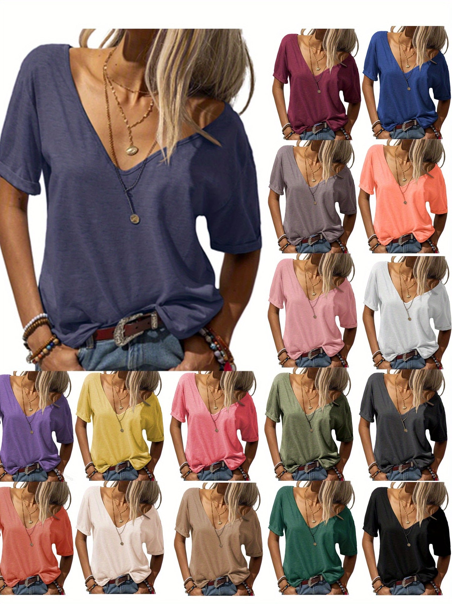 Casual Loose Basic T-Shirt for Women with a Deep V-Neck And Short Sleeves