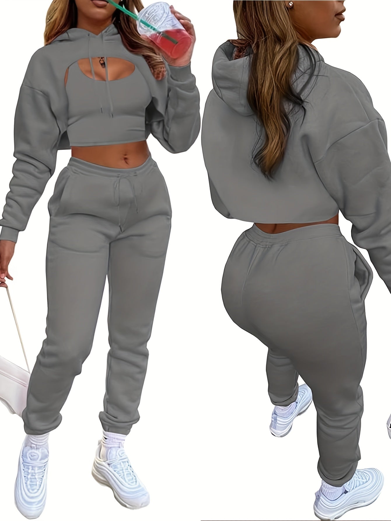 Women'S 3pcs Sweatsuits Sets Sexy Super Cropped Hoodie Tank Top And High Waisted Jogger Sweatpants Matching Loungewear Athleisure Outfits