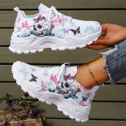Women's Breathable Low-Top Sneakers with Butterfly & Skull Print - Lace-Up Round Toe Sneakers Suitable for Running, Walking, Daily Wear - PVC Sole & Microfiber Insole, Casual Sportswear (North Fit), Women Shoes