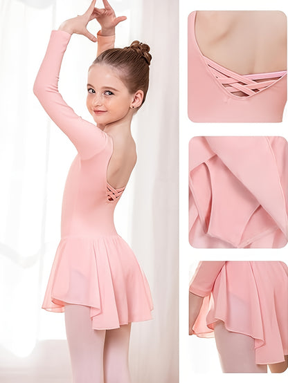 Girls' Classic Long Sleeve Ballet Leotard with Crisscross Back Detail - Stretchy Polyester Dance Dress for Parties, Birthdays & Sports Events, Perfect for Outdoor, All Seasons, Gift for Back-To-School Season, Beach Essentials