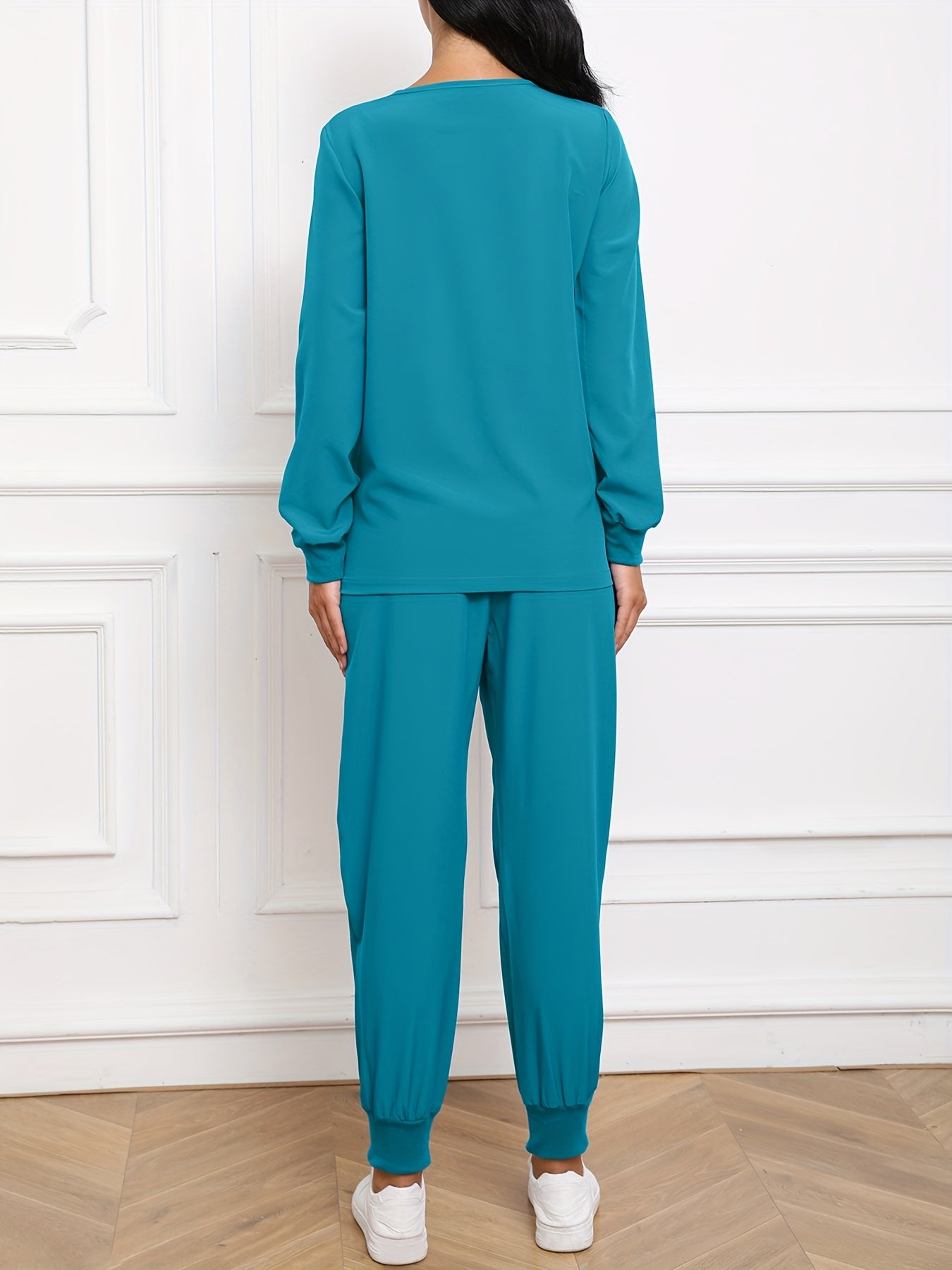 Women'S V-Neck Long Sleeve Elastic Uniform Set with Pockets, Breathable Stretch Top And Waist Cord Pocket Pants Two-Piece Set