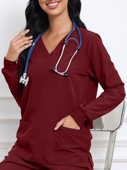 Women's V-Neck Long Sleeve Matte Breathable S Uniform Pockets Wash Clothes Work Shirt Scrubbing Top