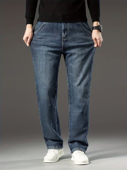 Men's Warm Fleece Stretch Jeans, Loose Casual Fleece Jeans, Straight Mid-waist Fashionable Versatile Jeans, Suitable For Daily, Business, Outdoor