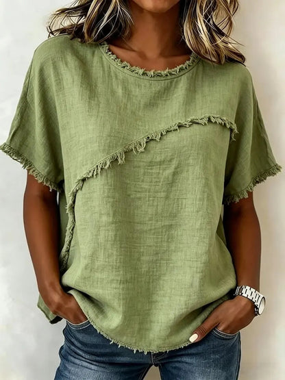 Spring/Summer 2026 New Round Neck Casual Fringed Panel Loose Short-Sleeved Top for Women